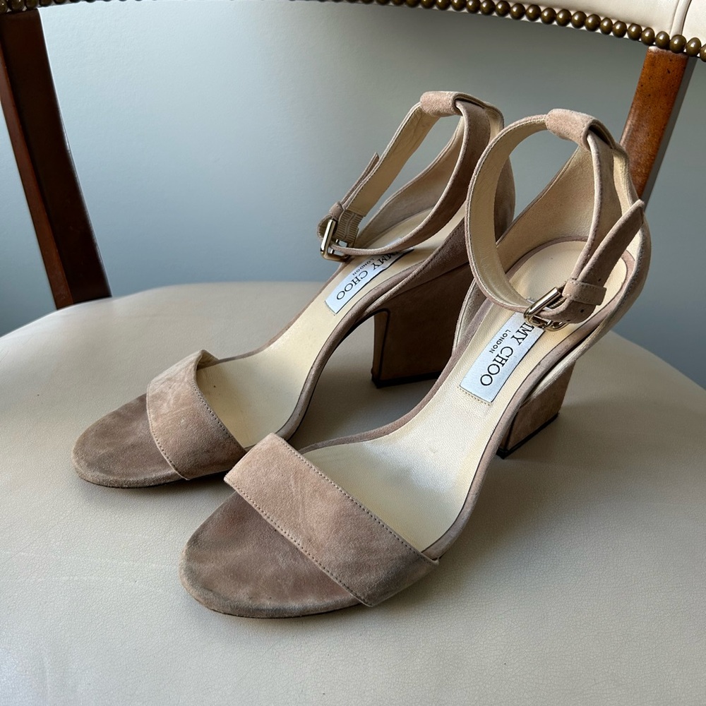 Jimmy Choo Nude/Taupe Suede Block Heel Sandals